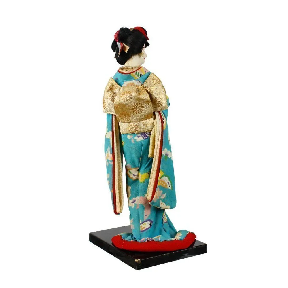 Vintage Japanese Geisha Doll Figurine in Traditional Turquoise Silk Crepe Kimono